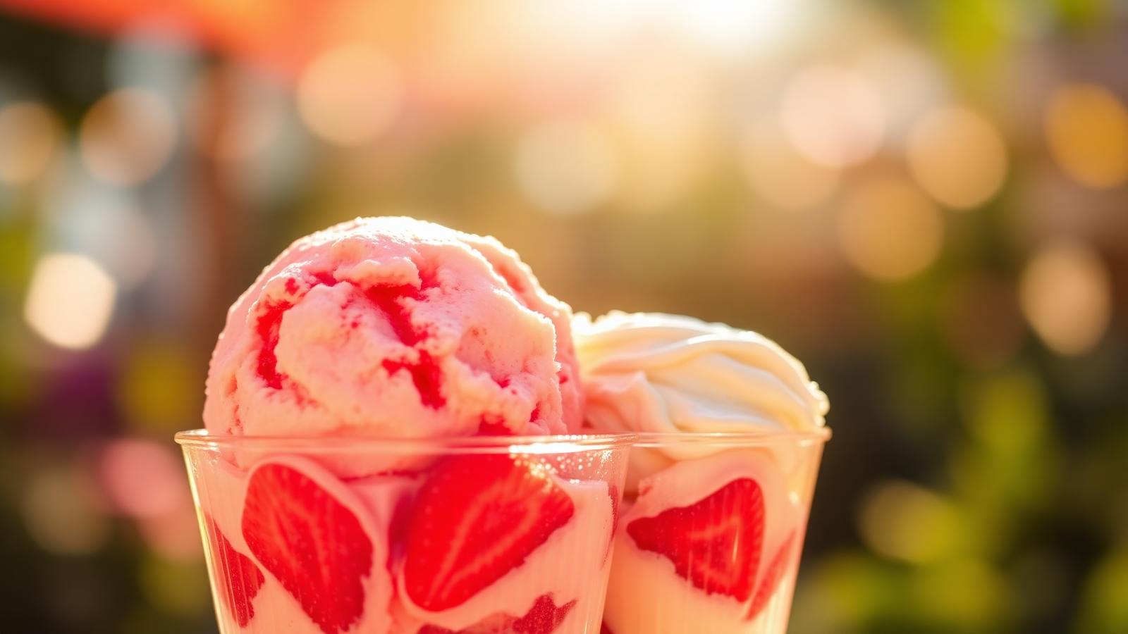 Erdbeer- und Vanilleeis im Becher in der Sommersonne