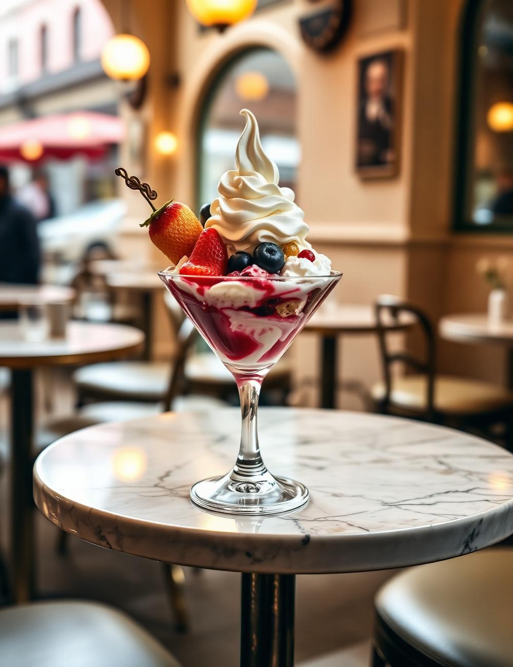 Eisbecher mit Sahne und Früchten