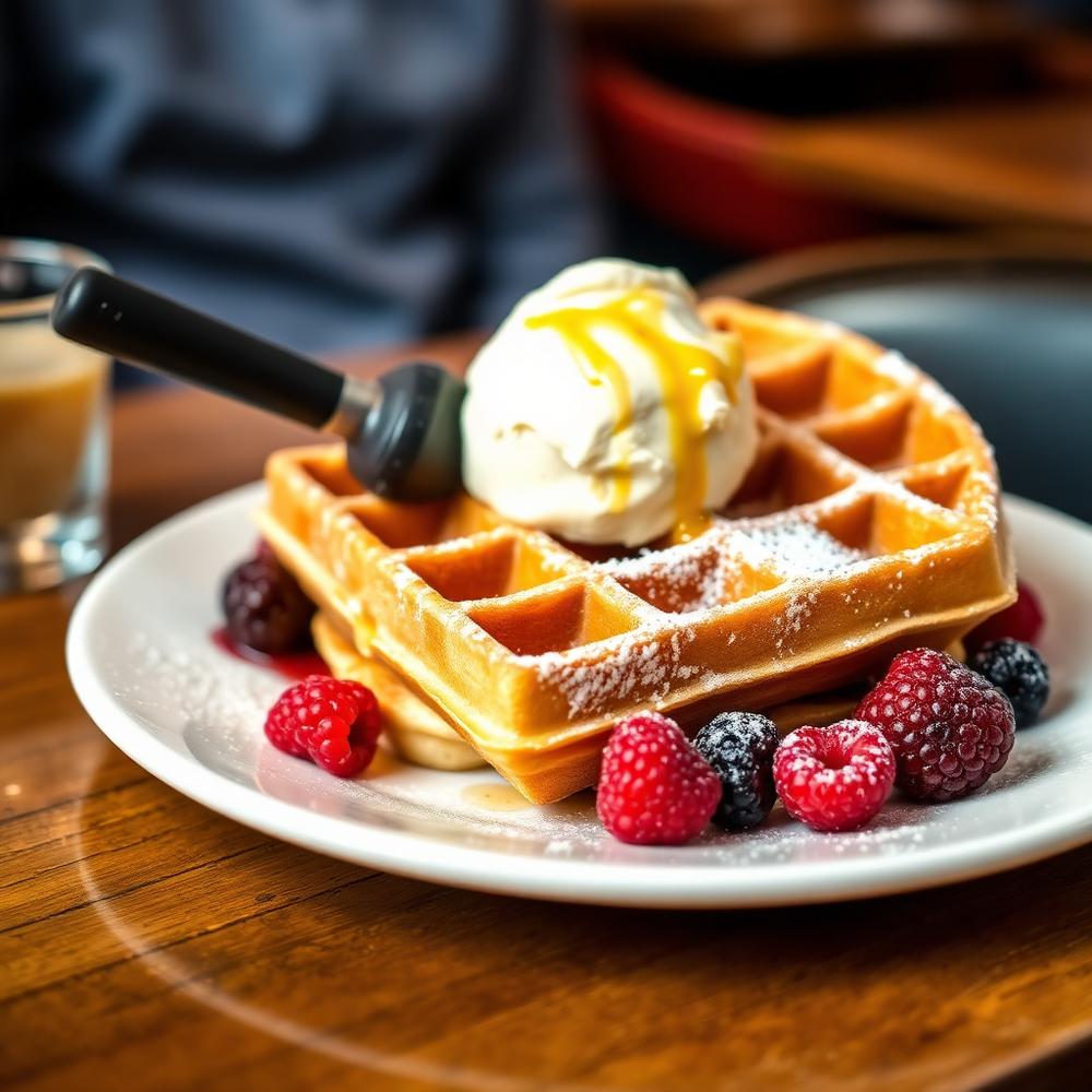 Waffel mit Eis, Beeren und Puderzucker